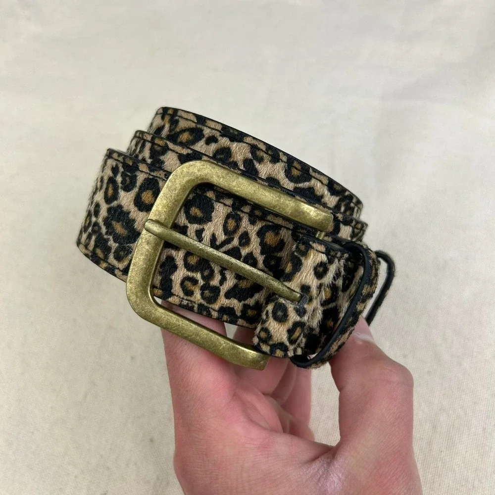 Vintage style cheetah leopard print fur belt american western boho black and tan